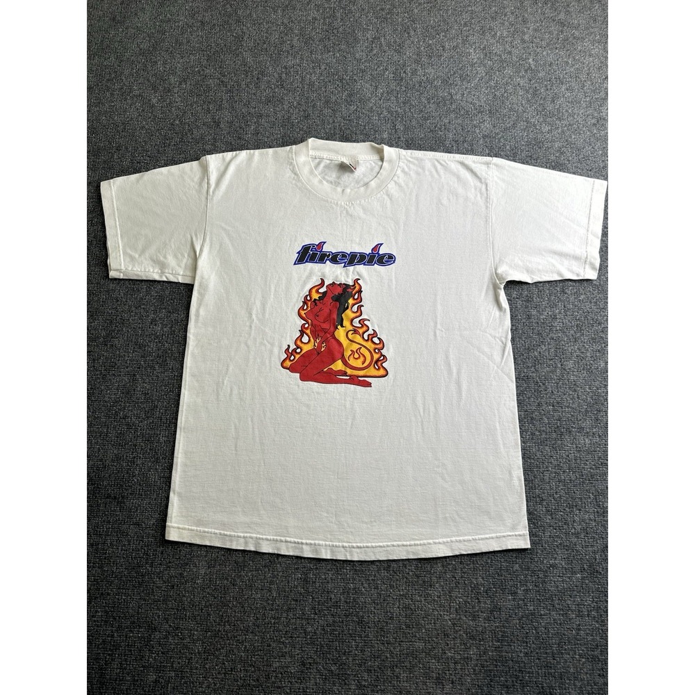 Men's 90s Firepie Devil Graphic Alstyle White T-Shirt, Size XL